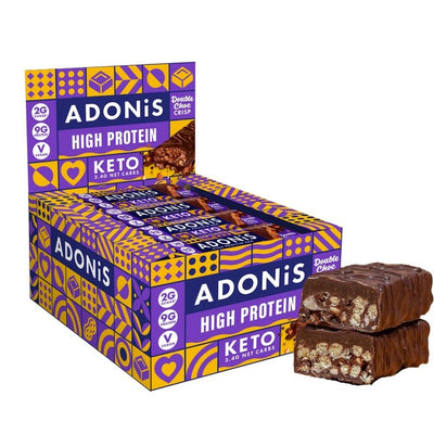 M&S Adonis Double Choc Crisp Keto Protein Bar 16 x 45g- Buy online at McGrocer