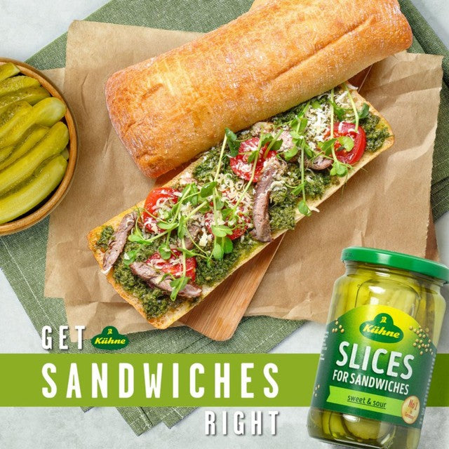 Kuhne sweet and sour gherkin sandwich slices 330g, UK version