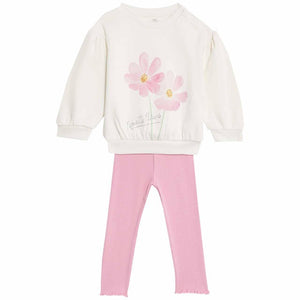 M&S Girls Cotton Rich Floral Top & Leggings Ivory Outfit 9-12 Months