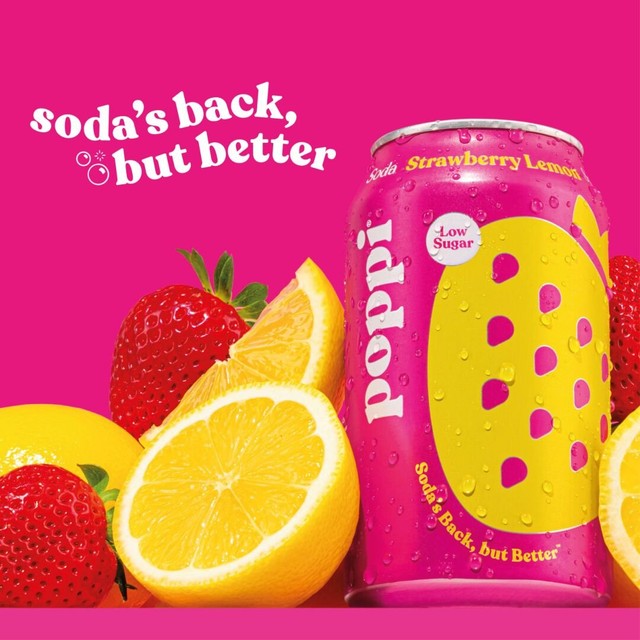 Poppi strawberry lemon soda 330ml cans, UK version