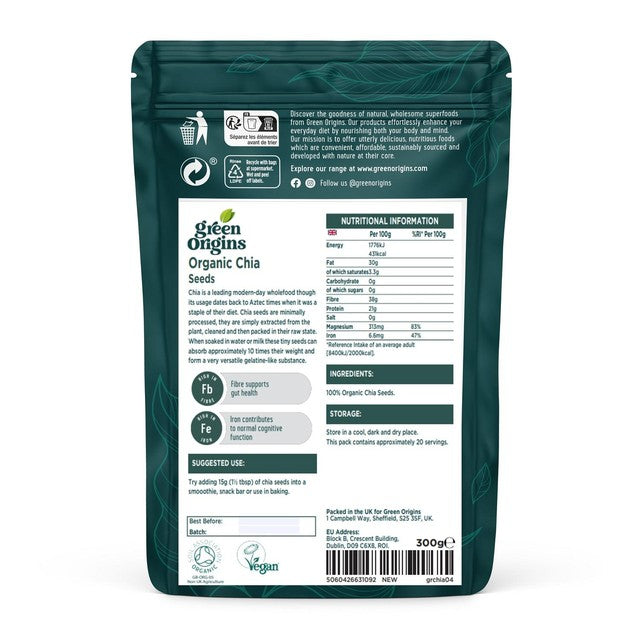 Green Origins organic raw chia seeds 300g, UK version