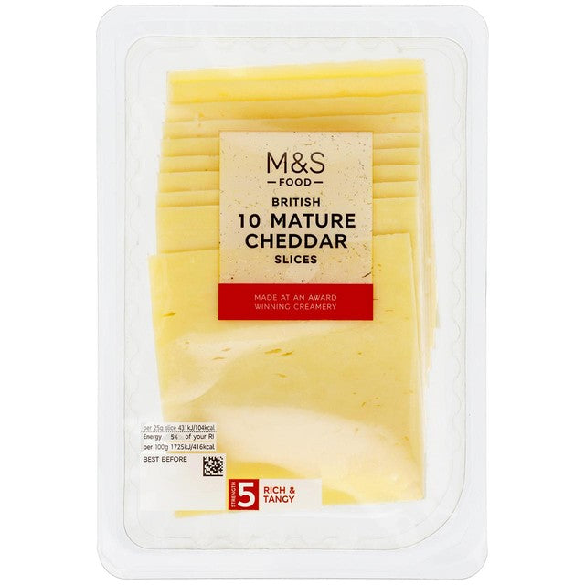 M&S mature cheddar cheese slices 250g, imported from the UK
