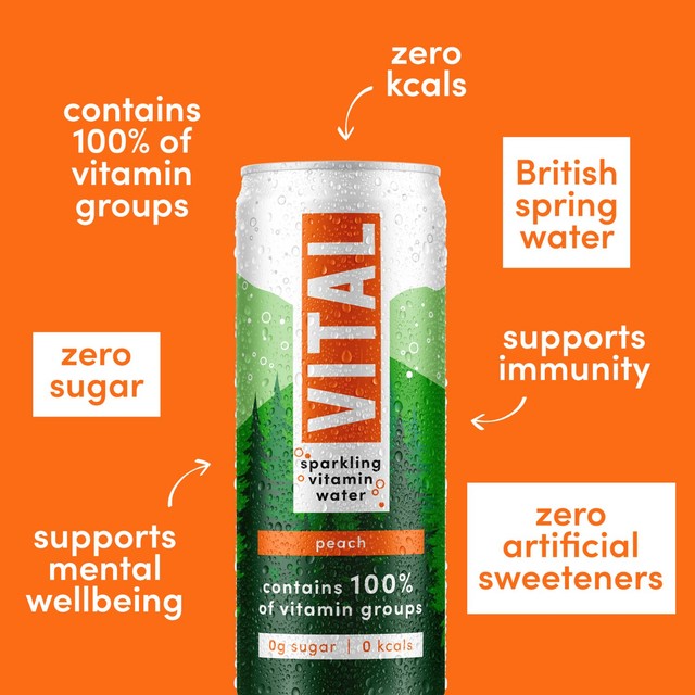 Vital peach sparkling vitamin water 4 x 330ml (British brand)