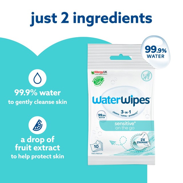 WaterWipes Sensitive+ On-The-Go baby wipes 10 wipes (British brand)