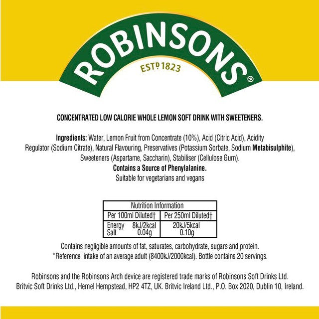 Robinsons lemon squash 1L bottle, imported from the UK