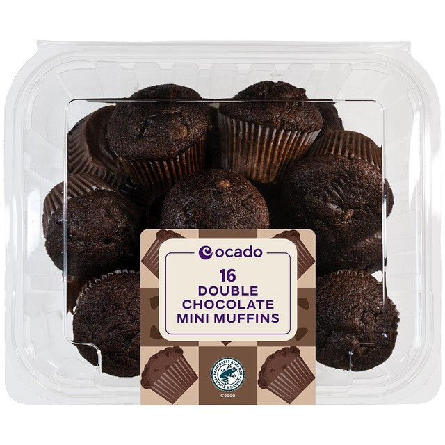 Ocado double chocolate mini muffins 16 pack, imported from the UK