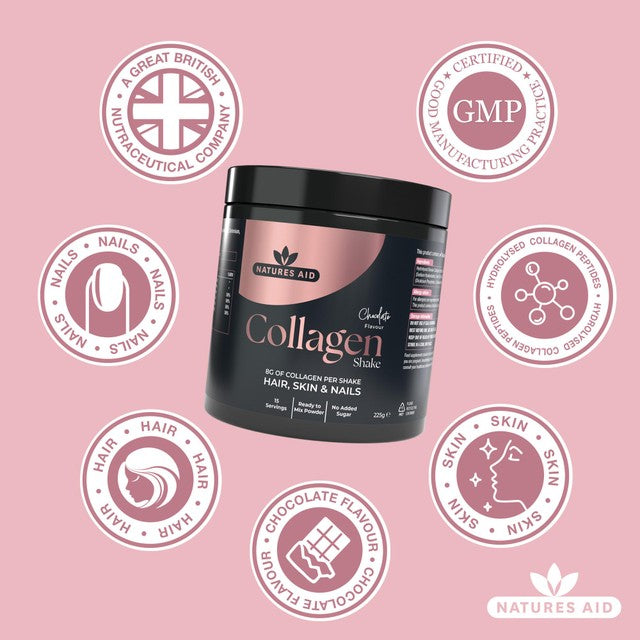 Natures Aid collagen chocolate shake powder 225g, imported from the UK