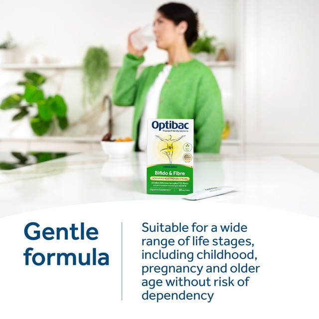 Optibac Bifido & Fibre probiotic supplement 10 sachets, imported from the UK
