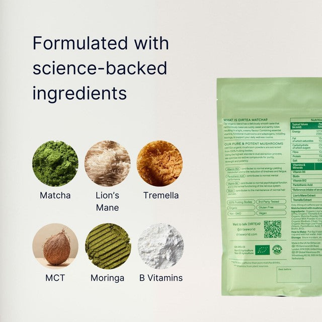 DIRTEA matcha mushroom super blend with B vitamins 180g - British product