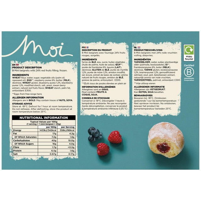 Moi red fruits filled mini beignets 8 per pack, imported from the UK
