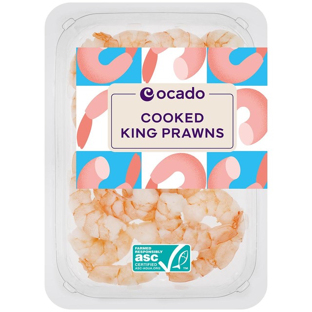 Ocado peeled cooked king prawns 150g, imported from the UK