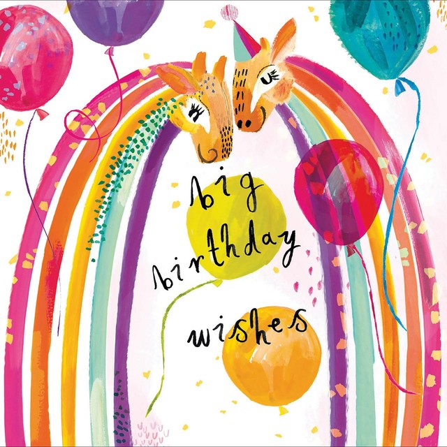 Woodmansterne rainbow giraffe birthday card 17.3cm x 16.7cm, imported from the UK