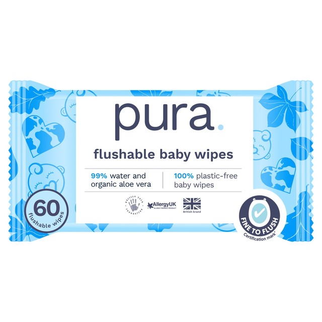 Pura plastic free flushable baby wipes 60pk, imported from the UK