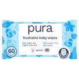 Pura plastic free flushable baby wipes 60pk, imported from the UK