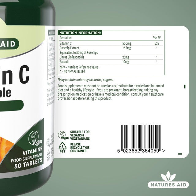 Natures Aid chewable Vitamin C tablets 500mg, imported from the UK