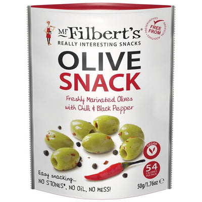 M&S Mr Filbert's Green Olives with Chilli & Black Pepper Olive Snacks 50g- Buy online at McGrocer