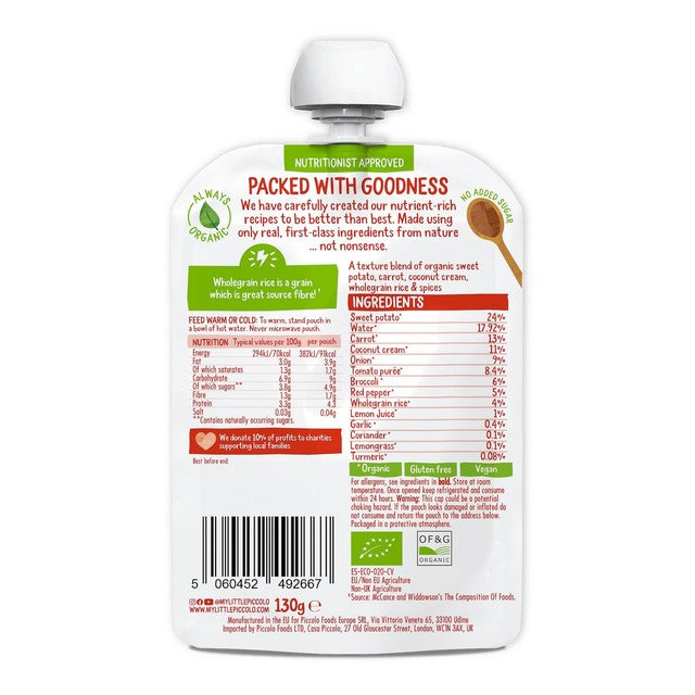 Piccolo Vegetable Thai Curry baby food pouch 130g, imported from the UK