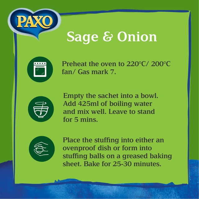 Paxo Sage & Onion Stuffing Mix 340g, imported from the UK