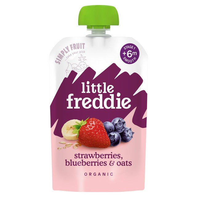 Little Freddie organic strawberry, blueberry & oats baby food pouch 100g, UK version