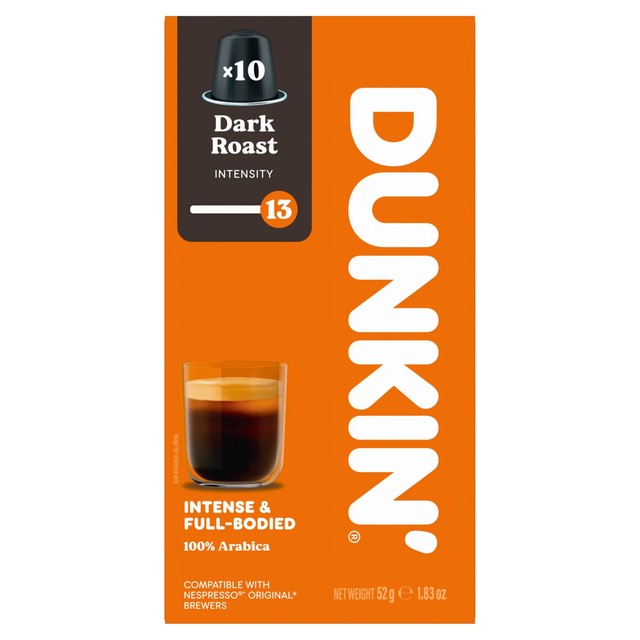 Dunkin Dark Roast Nespresso compatible coffee pods, imported from the UK