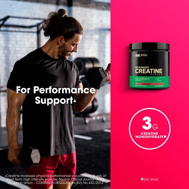 Optimum Nutrition Fruit Punch Flavoured Creatine Monohydrate Powder 248g, imported from the UK