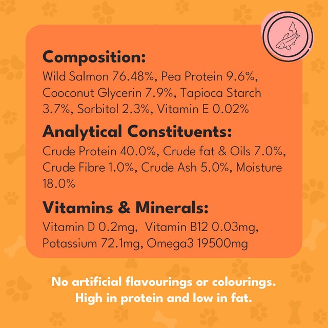 Pet Munchies wild salmon strips dog treats 80g, imported from the UK