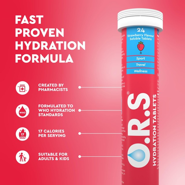 O.R.S strawberry hydration tablets 24 per pack, imported from the UK