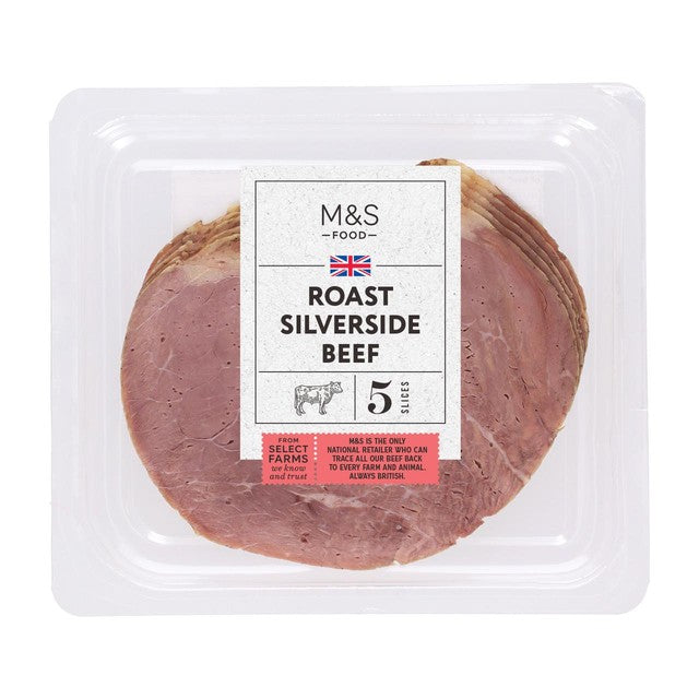 M&S wafer thin roast silverside beef slices 80g, imported from the UK