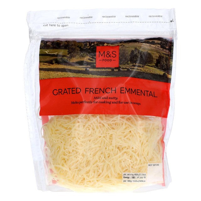 M&S French Grated Emmental cheese 200g, imported from the UK
