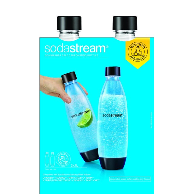 SodaStream carbonating two 1L bottles (British brand)