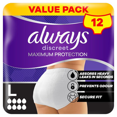 M&S Always Discreet Maximum Protection Pants Large Value Pack 12 Count- Buy online at McGrocer