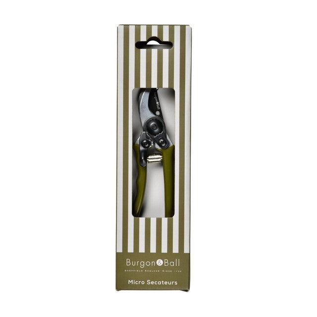 Burgon & Ball olive micro secateurs with high-carbon steel blade, UK version