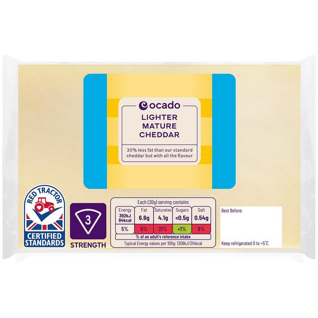 Ocado Lighter Mature Cheddar cheese 400g, imported from the UK
