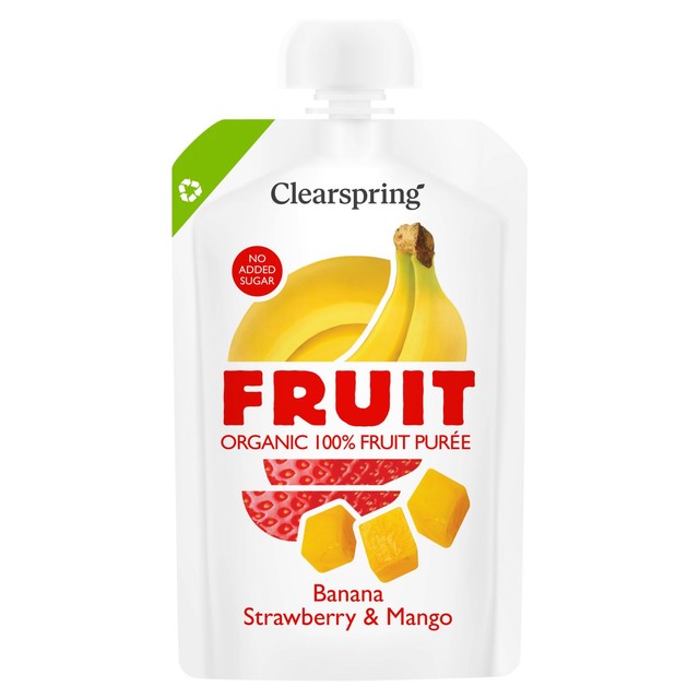 Clearspring organic fruit puree banana strawberry mango pouch, UK version