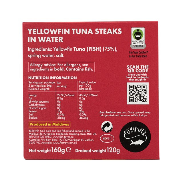 Fish 4 Ever Fair Trade Yellowfin Tuna in Water 160g - British product