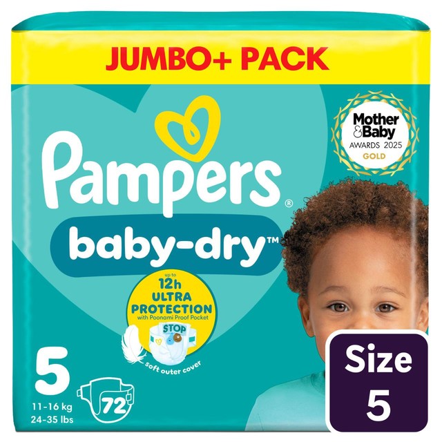 Pampers Baby-Dry nappies size 5 for 11-16kg, 72-count pack, imported from the UK