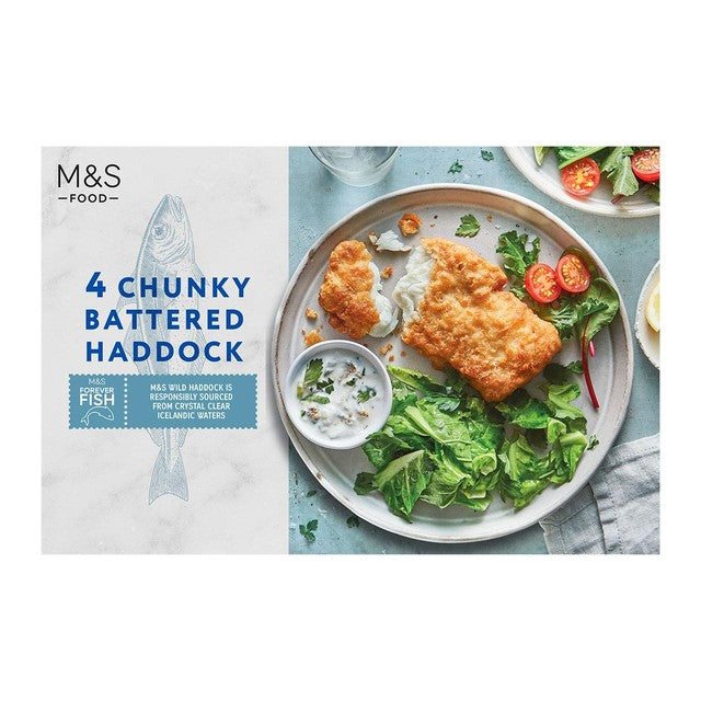 M&S battered chunky haddock fillets 600g, imported from the UK