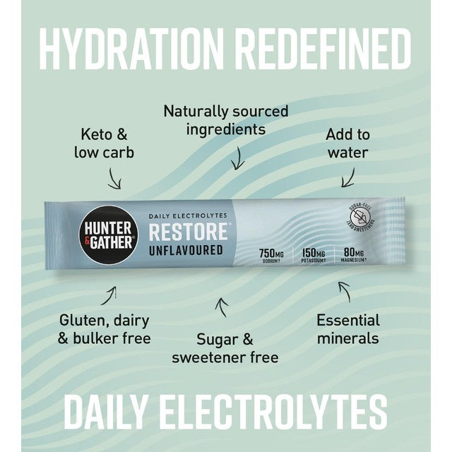 Hunter & Gather Restore Electrolytes Unflavoured 7x3g Sachets, imported from the UK