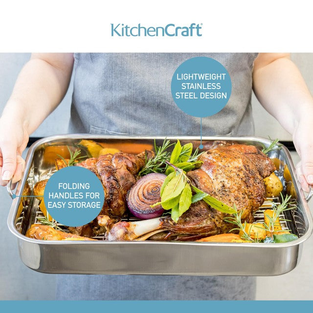 KitchenCraft stainless steel roasting tin with rack 37x28x6.5cm, UK version