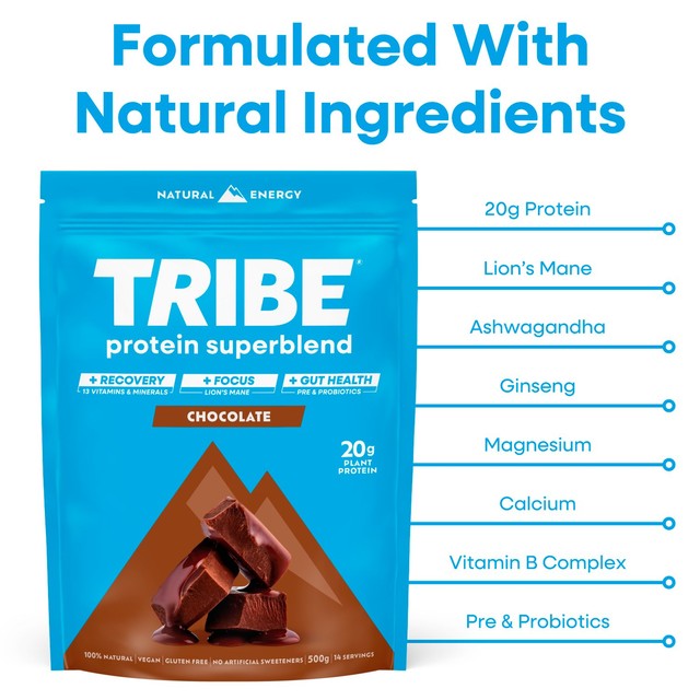 TRIBE Superblend Chocolate protein powder, imported from the UK