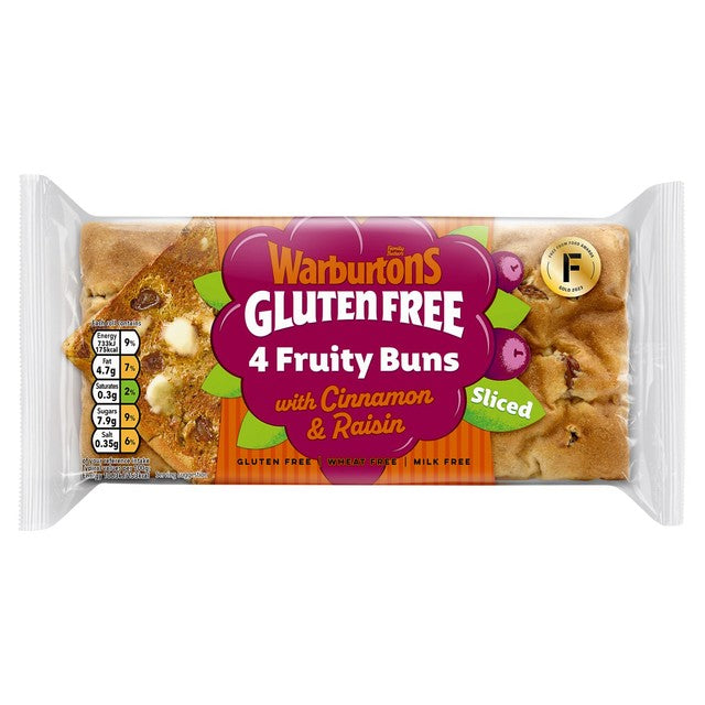 Warburtons Gluten Free cinnamon & raisin fruity buns 4 pack (British brand)