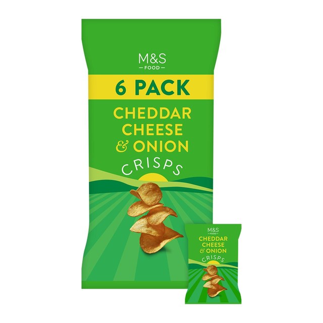 M&S Cheddar Cheese & Onion Crisps 6x25g multipack, imported from the UK