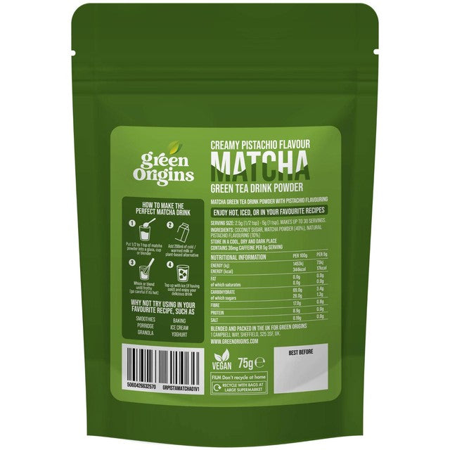 Green Origins matcha drink powder creamy pistachio 75g, UK version
