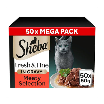M&S Sheba Fresh & Fine Wet Cat Food Pouches Meaty Pieces in Gravy, Chicken, Beef & Duck, 50 x 50g- Buy online at McGrocer