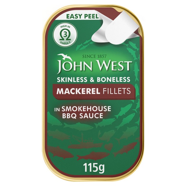 John West skinless and boneless mackerel fillets in smokehouse BBQ sauce 115g, UK version