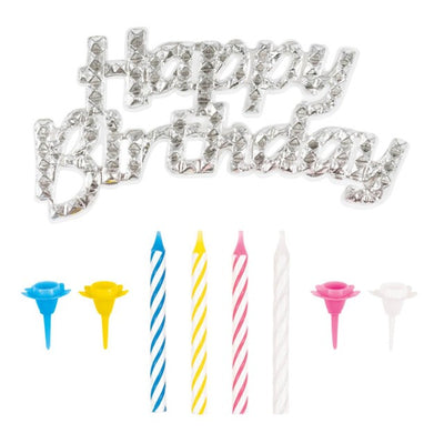 M&S Unique Party Silver Cake Topper with 12 Striped Birthday Candles Decoration Set- Buy online at McGrocer