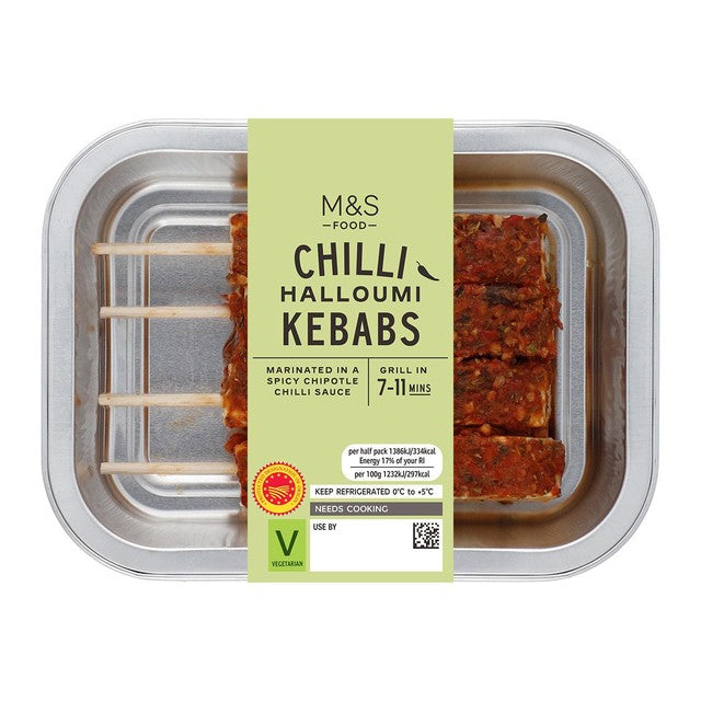 M&S chilli halloumi kebabs 225g, imported from the UK