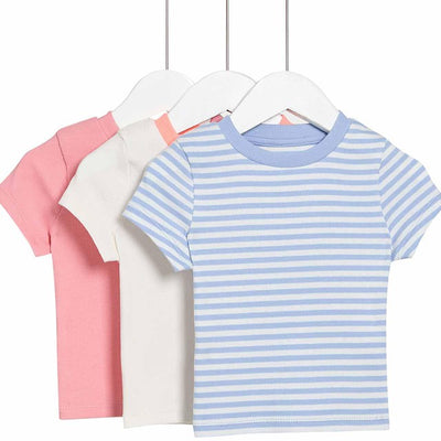 T-shirts M&S en coton riche pour filles, couleur pêche, multipack manches courtes 6-7 ans