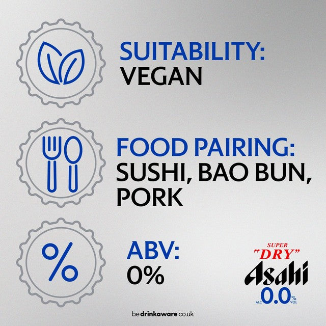 Asahi Super Dry 0% alcohol-free lager beer in 330ml cans - British product