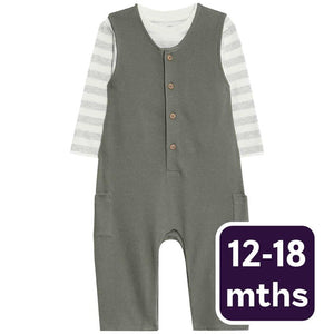 M&S Waffle Jersey Dungaree Set Khaki Baby Outfit 12-18 Months